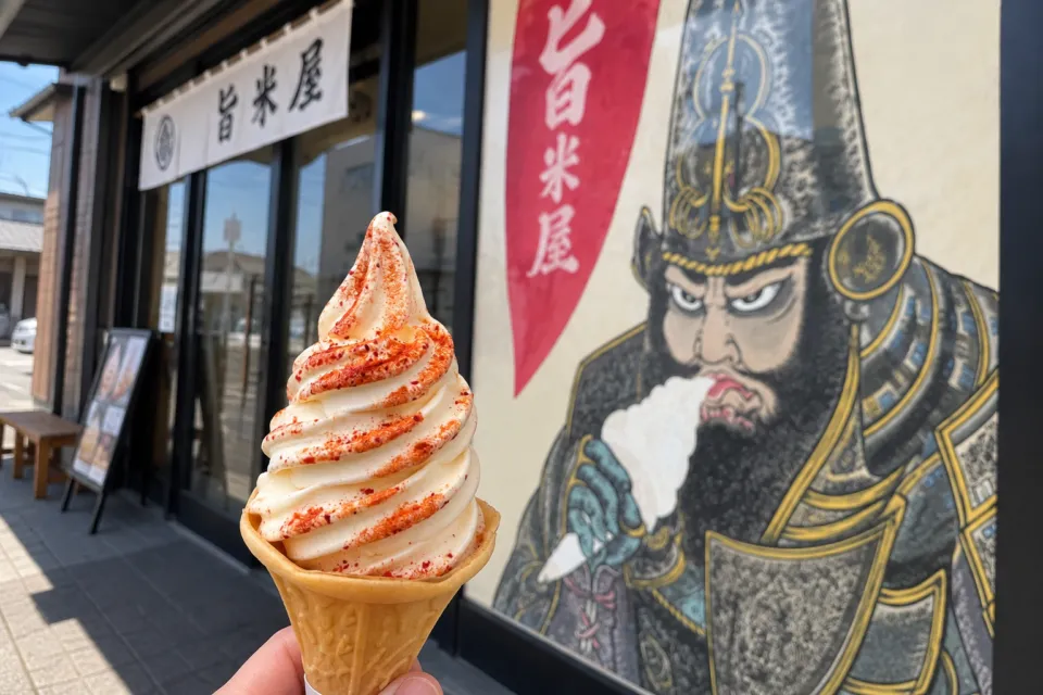 お食事処 旨米屋のねぷた絵を背景にしたソフトクリーム
