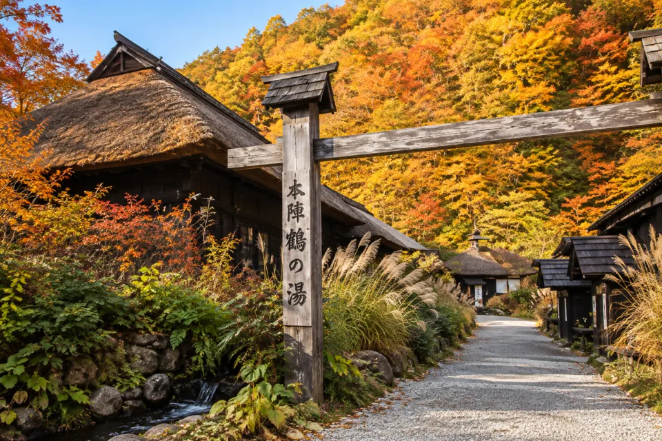 鶴の湯温泉の茅葺きの本陣と秋の入口