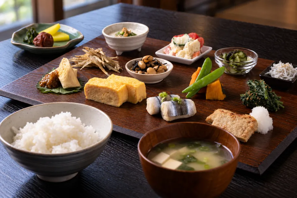 内子の宿の襷のご飯と小鉢が並ぶ朝食