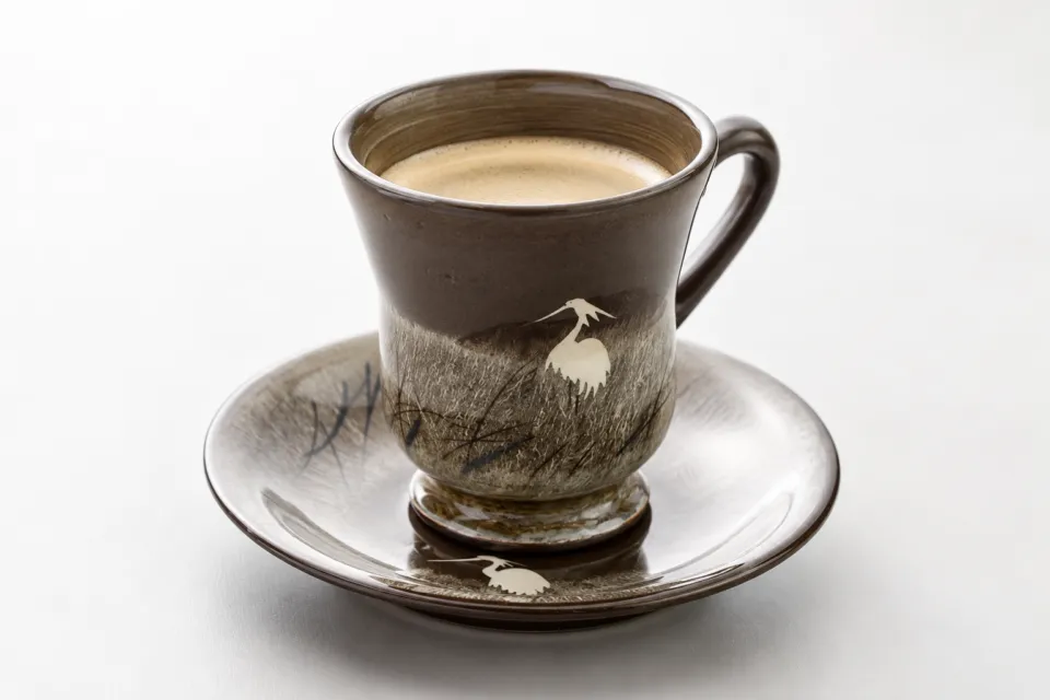 上杉伯爵邸の鶴模様の器に入ったコーヒー