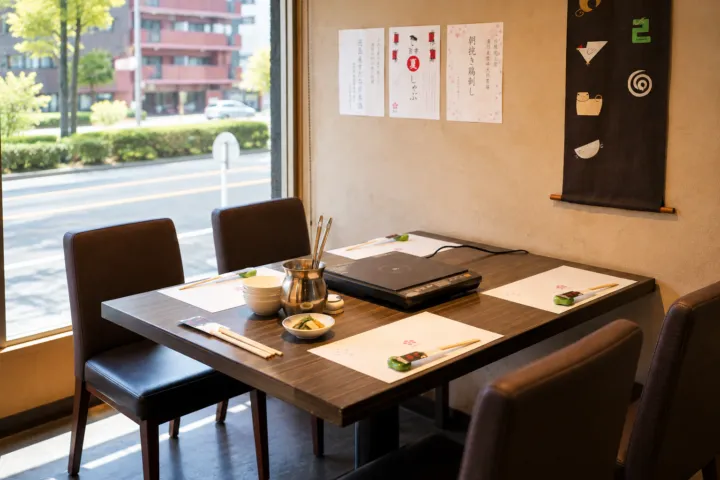 梅屋の窓側テーブルと卓上調理器