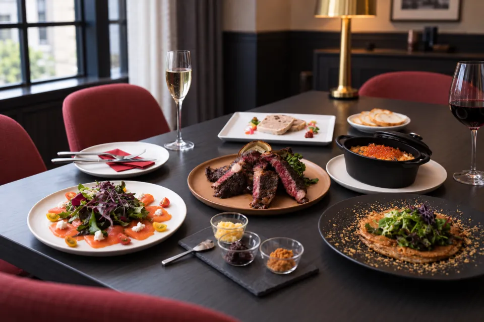 UNWIND HOTEL & BAR 小樽のテーブルに並ぶ夕食の料理