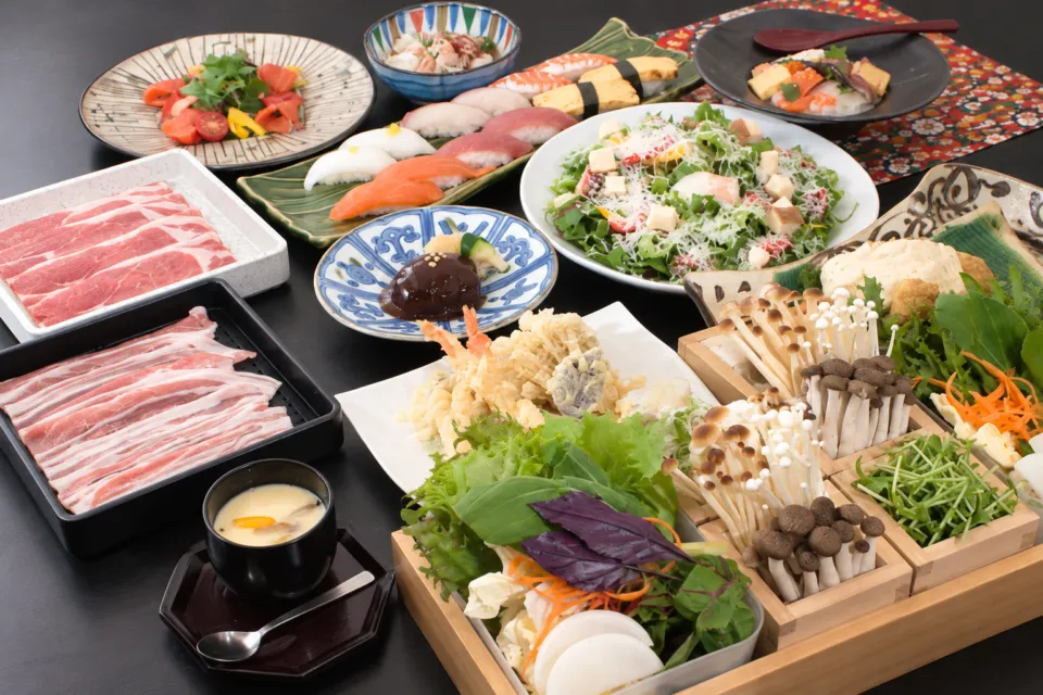 海鮮茶屋 うを佐 木花店のしゃぶしゃぶと寿司・天ぷらの食卓