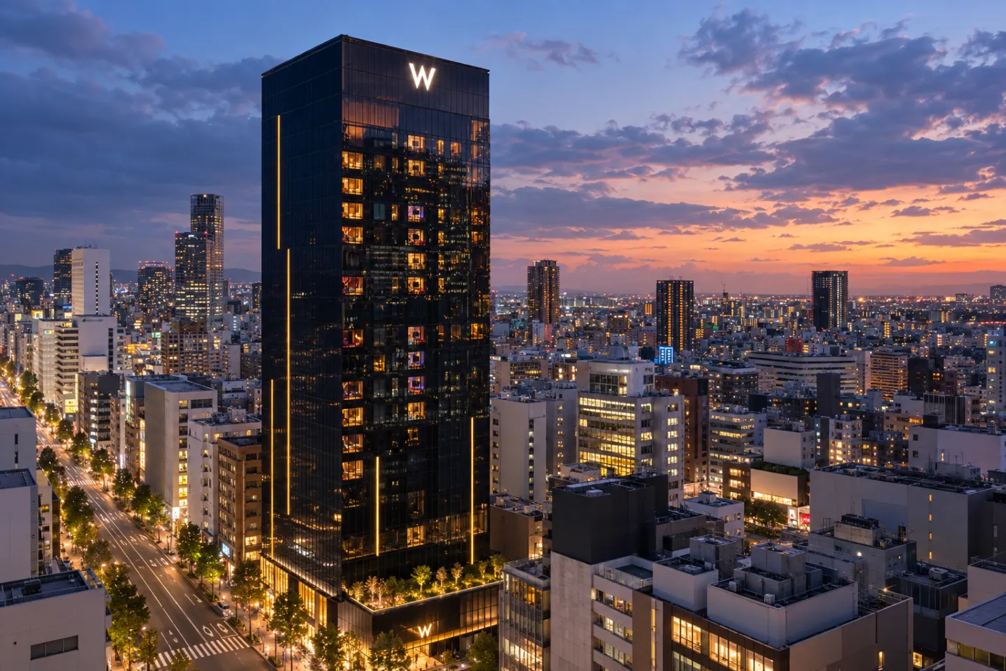 Ｗ大阪の夜の黒い建物外観