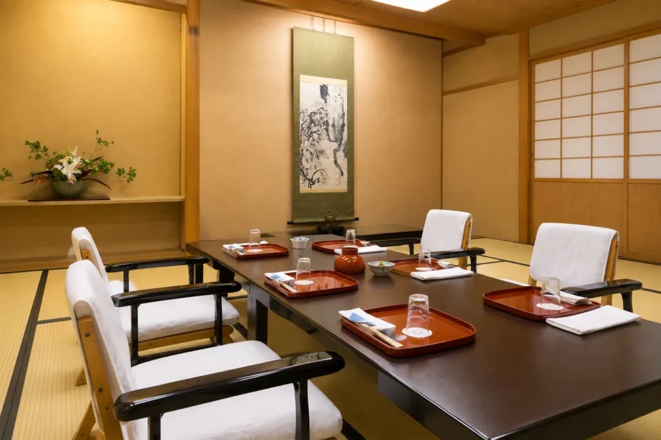 山口楼 本店の掛け軸と卓がある個室