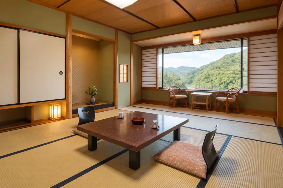 山村別館の山の景色を望む和室