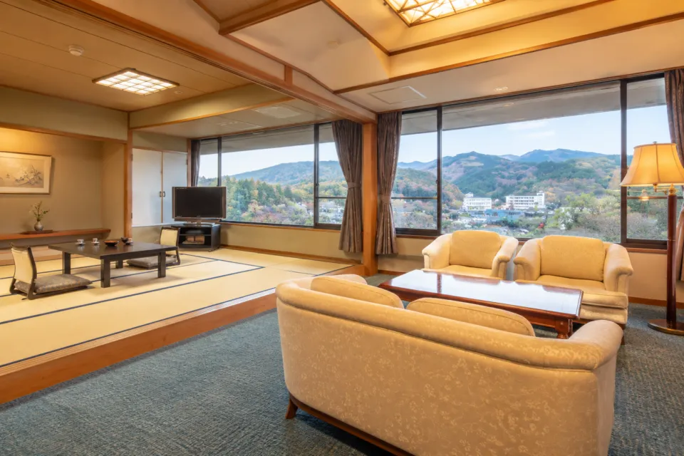 山村別館の山並みを一望する広い和室