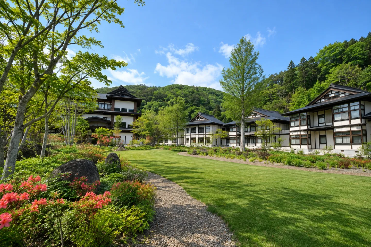 山の神温泉 優香苑の庭園に面した建物の外観