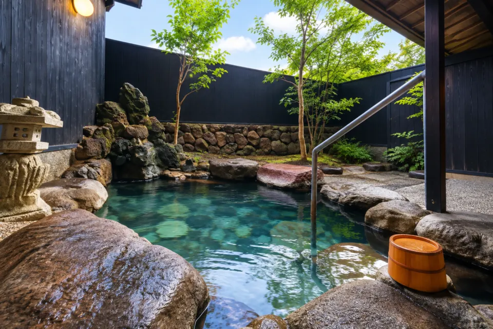 湯布院やわらぎの郷やどやの貸切露天風呂の中の湯