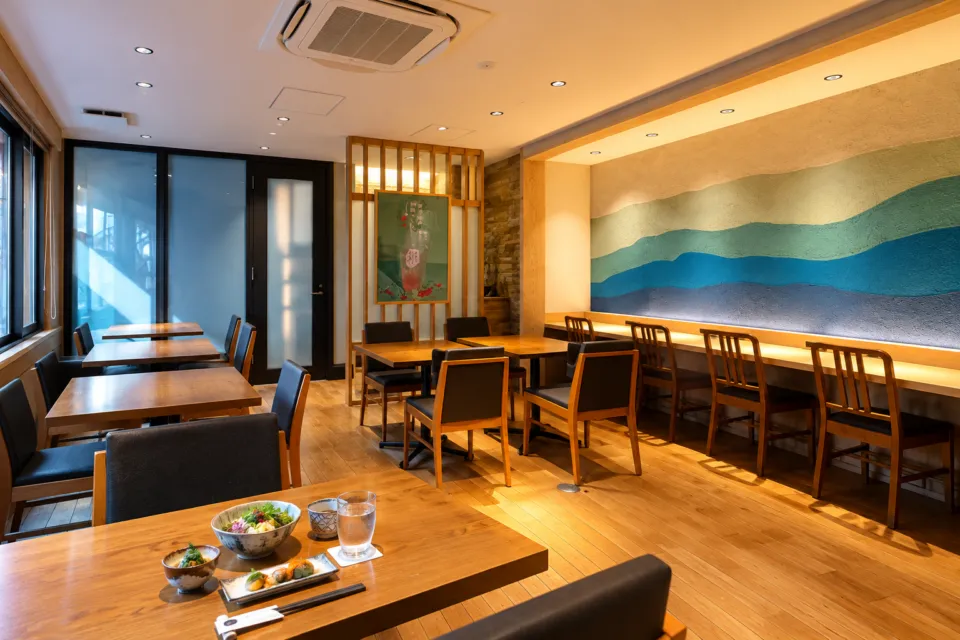 湯川テラスのテーブル席とカウンターのある店内