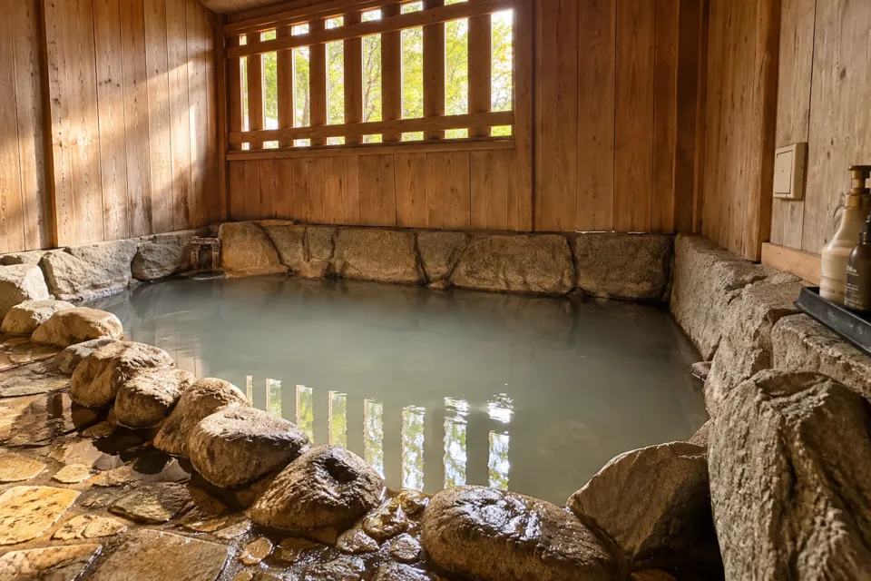 湯の峯荘の木壁と岩縁の家族風呂