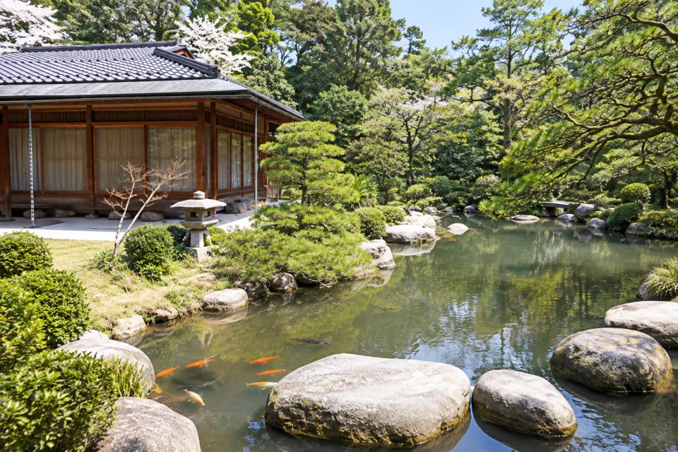 湯之助の宿 長楽園の御座所と池の庭園