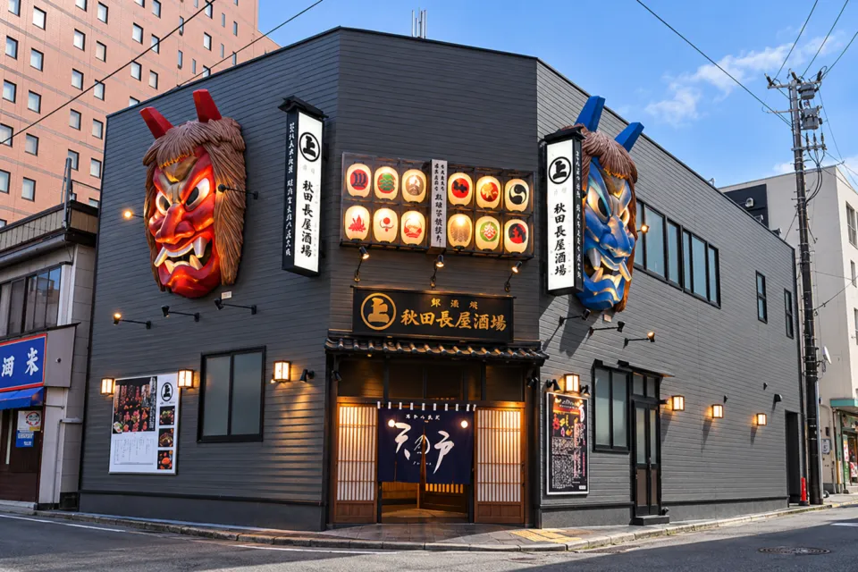 秋田長屋酒場 秋田駅前大きなナマハゲが目印店の大きなナマハゲ面のある外観