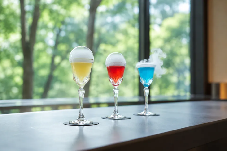 秋保風雅の色の異なる3杯のカクテル