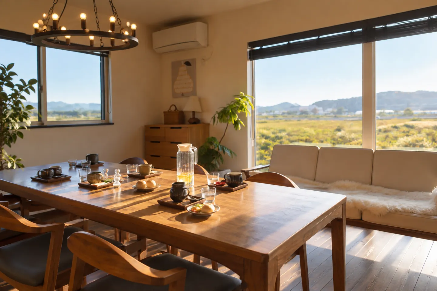 Another Livingの窓に面したリビングのダイニングテーブルと食卓