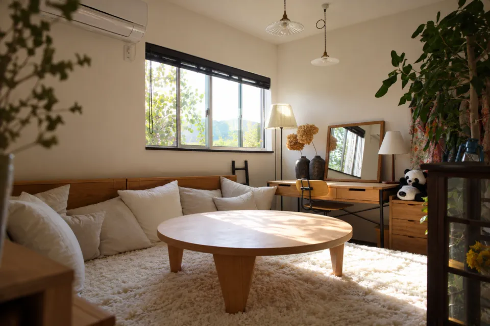 Another Livingのちゃぶ台とクッションを備えた部屋