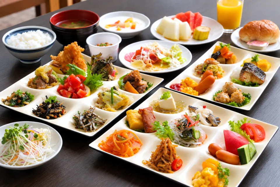 AUBEGIO霧島観光ホテルの小皿料理を並べた朝食