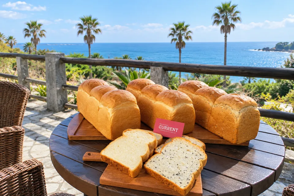 Bakery Restaurant CURRENTの海を背景にしたパンの盛り合わせ