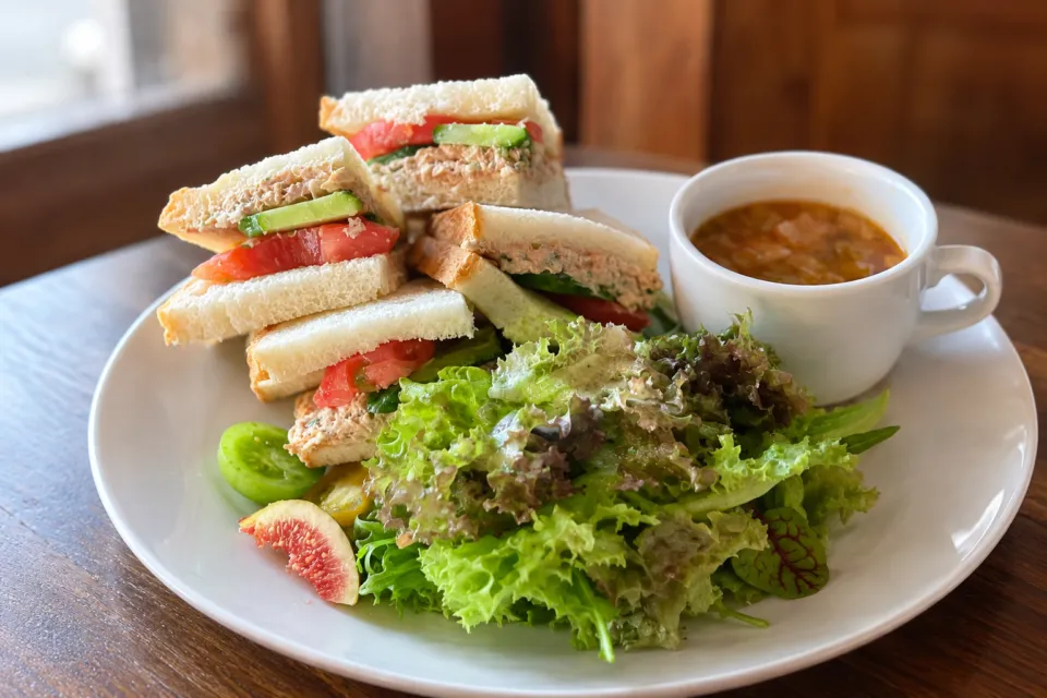 Bakery Restaurant CURRENTのサンドイッチとサラダのプレート