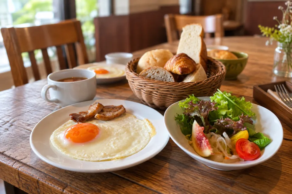 Bakery Restaurant CURRENTのモーニングのパンと目玉焼きの食卓