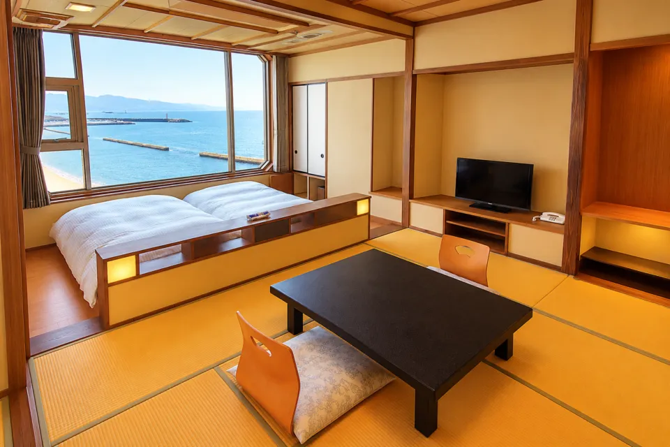 悠彩の宿 望海の和洋室の畳とツインベッド