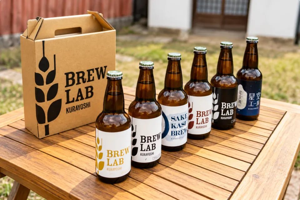 BREW LAB KURAYOSHIの瓶ビール6本と持ち帰り用の箱