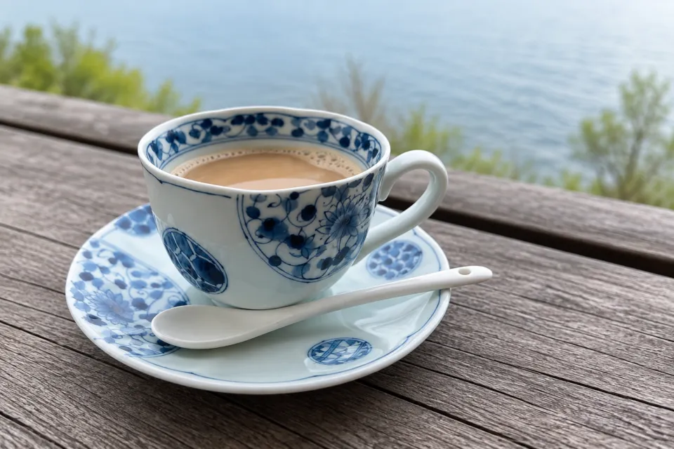 シャーレ 水ヶ浜の青い花模様のカップとソーサー