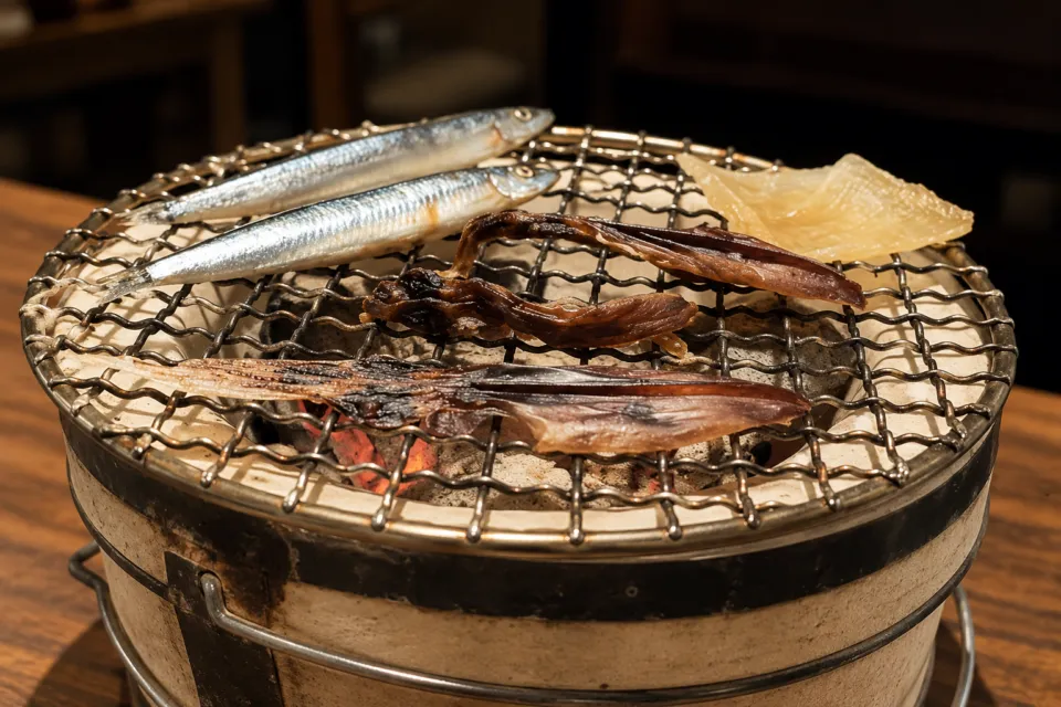 ちんばたの七輪で焼く魚といか