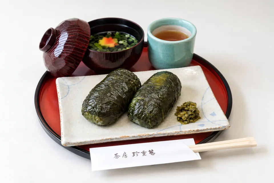 茶房 珍重庵 本宮店のめはり寿司と吸物