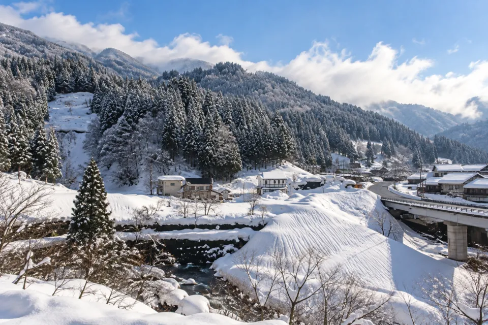 五箇山の味 ふるさとの冬の山と雪に覆われた田畑の眺め