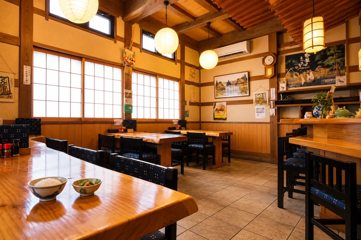 お食事処坂出のカウンターとテーブル席がある店内
