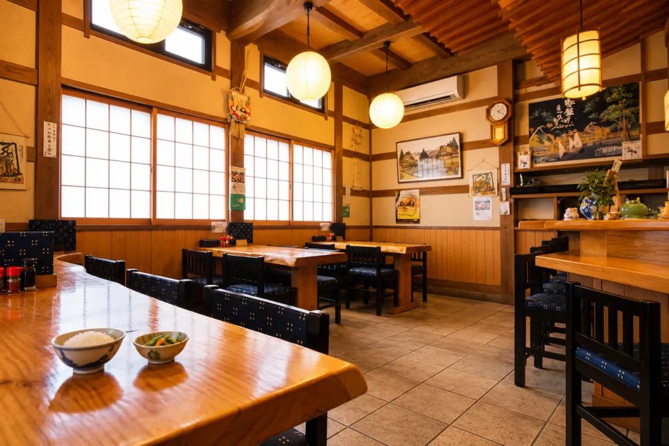 お食事処坂出のカウンターとテーブル席がある店内