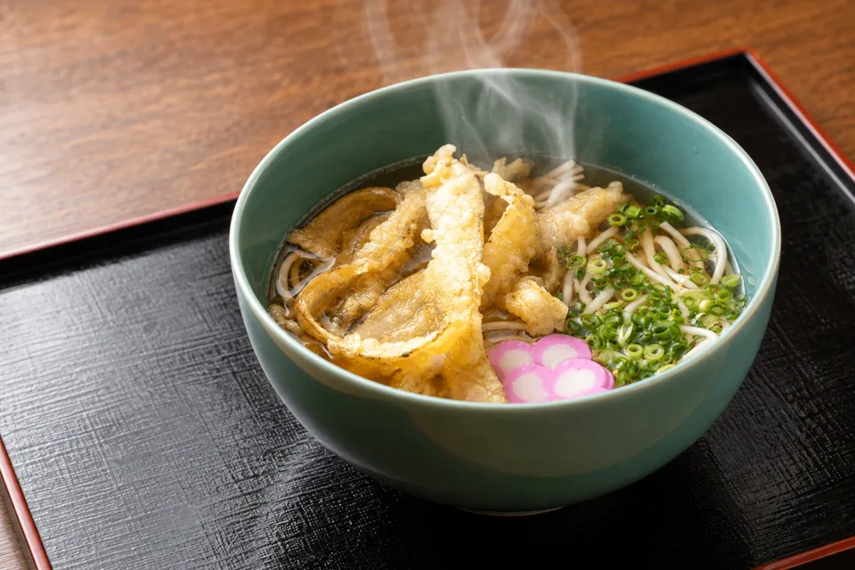 五島手延うどん おっどん亭のごぼう天とねぎをのせたうどん