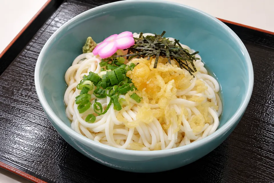 五島手延うどん おっどん亭の薬味と天かすをのせたぶっかけうどん