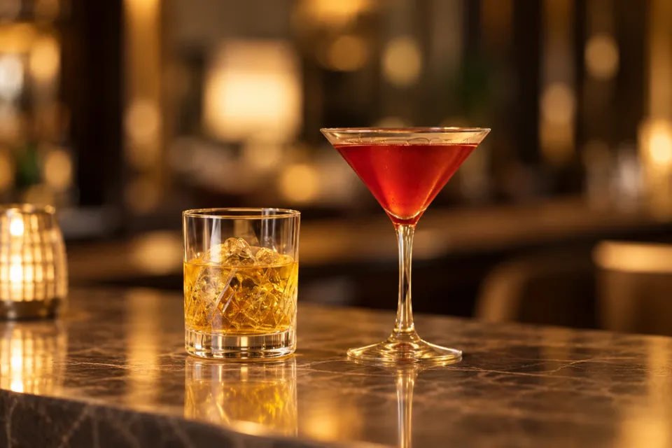 グランカフェの赤いカクテルと氷入りのドリンク