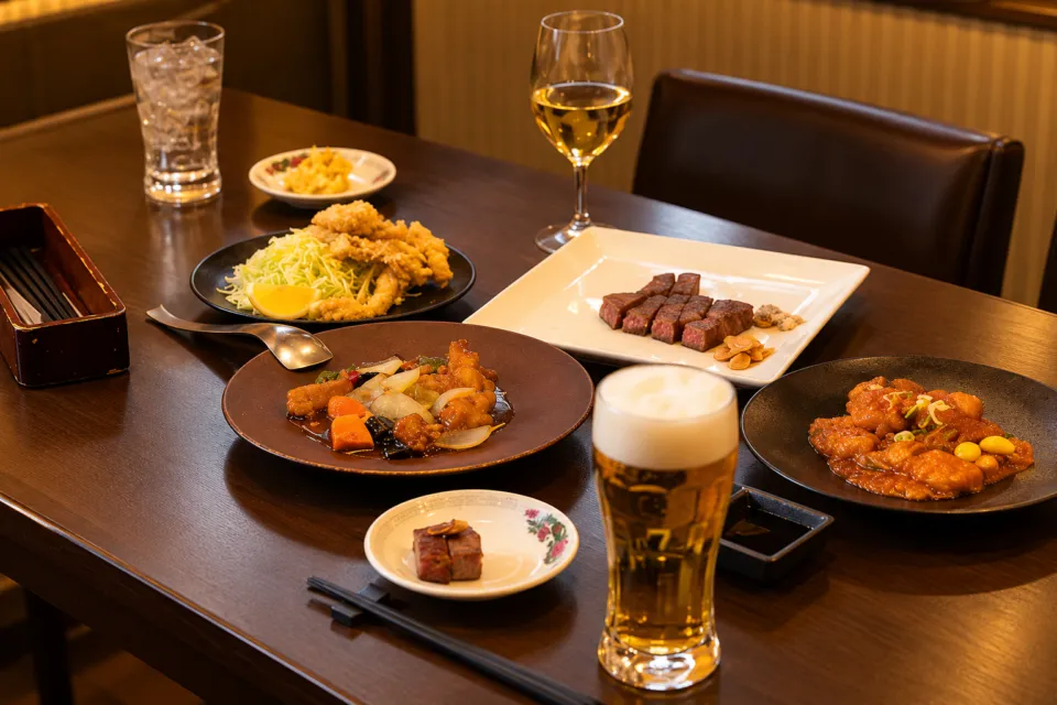 グリルみつばの料理を並べた豊後牛セットの食卓