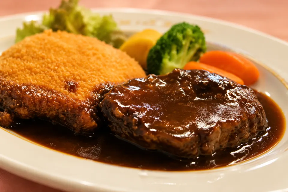 グリルストークのカツとソースを添えた肉料理