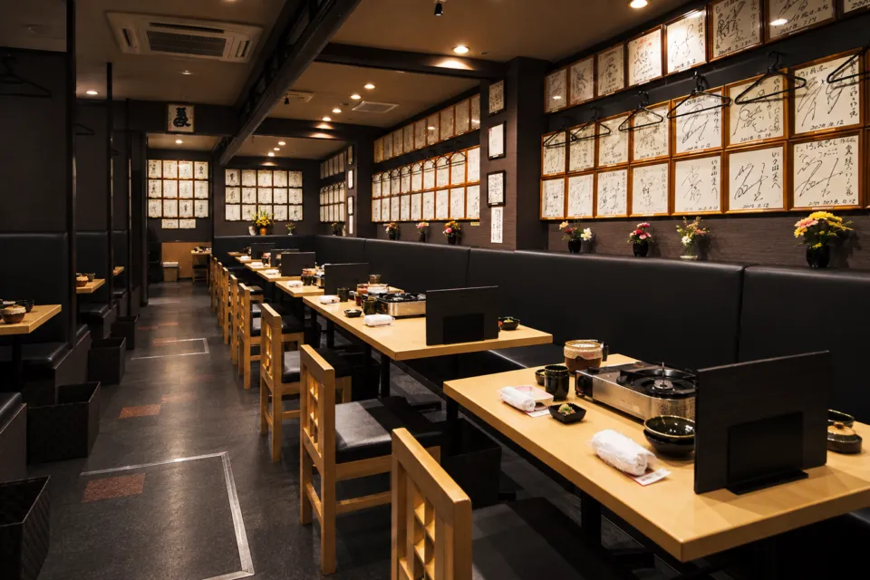 博多味処いろは 博多本店の鍋卓と食器を並べた博多本店のテーブル席