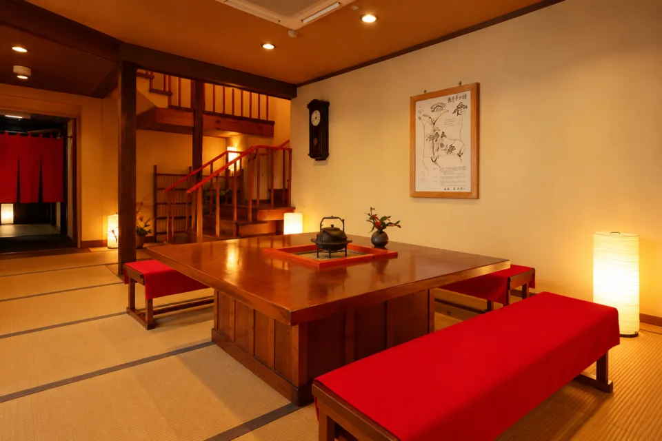 花旅館 岩戸屋の囲炉裏と座席のある共用空間