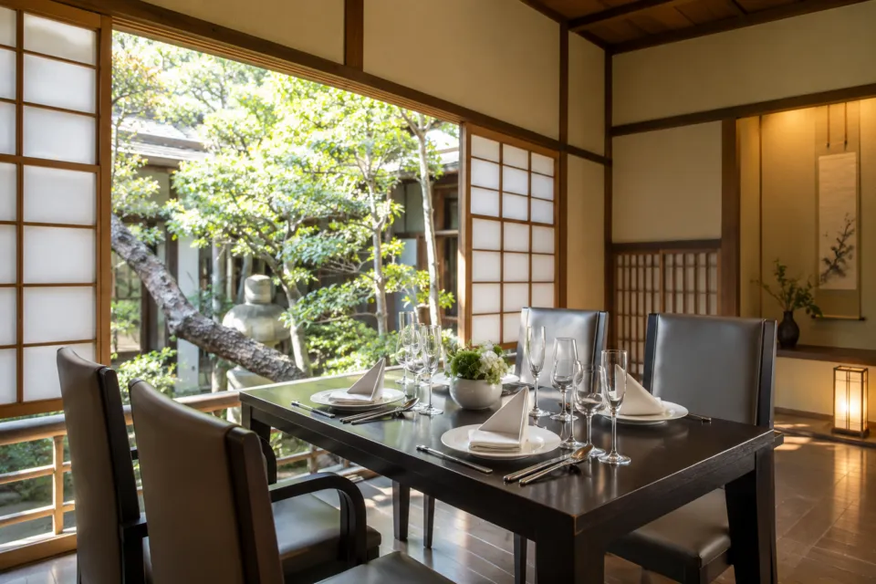 HATSUNEYA GARDENの障子と庭の眺めがある個室