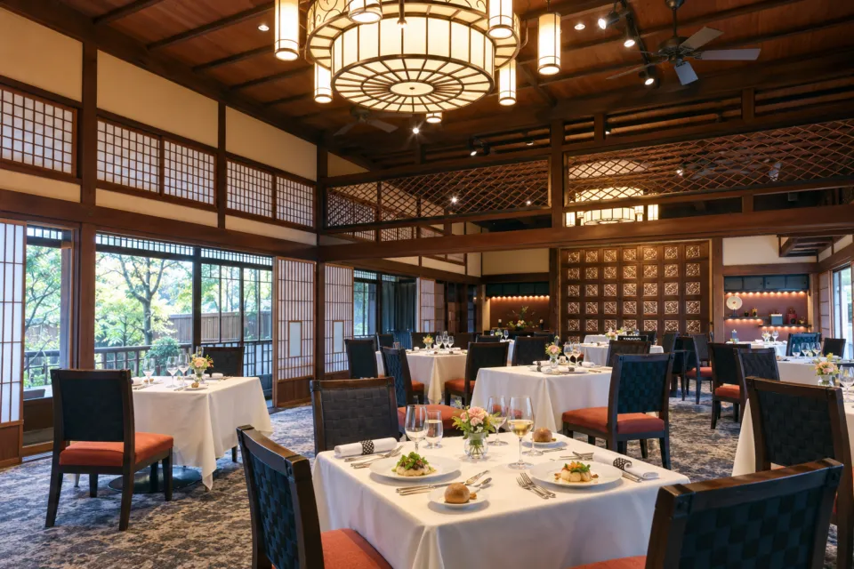 HATSUNEYA GARDENの円形の照明と木組みが印象的な大広間