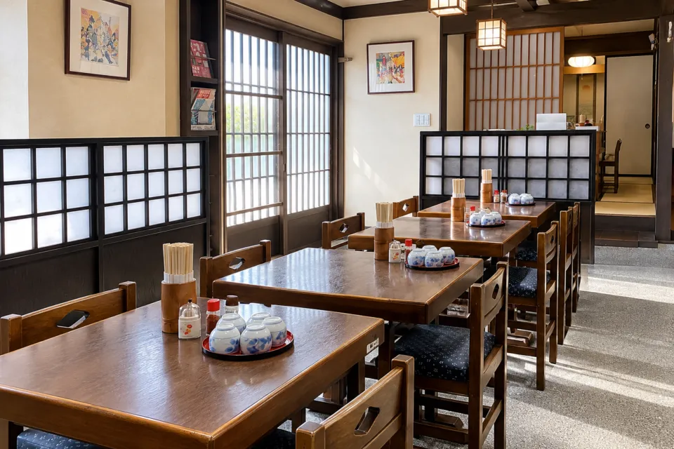 出雲名物手打蕎麥 平和そば本店の入口脇のテーブル席