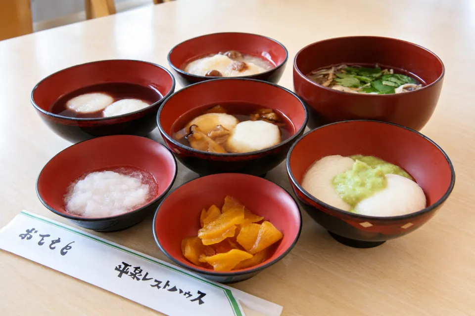 平泉レストハウスの数種類のもち料理と汁物を並べた弁慶ちからもち