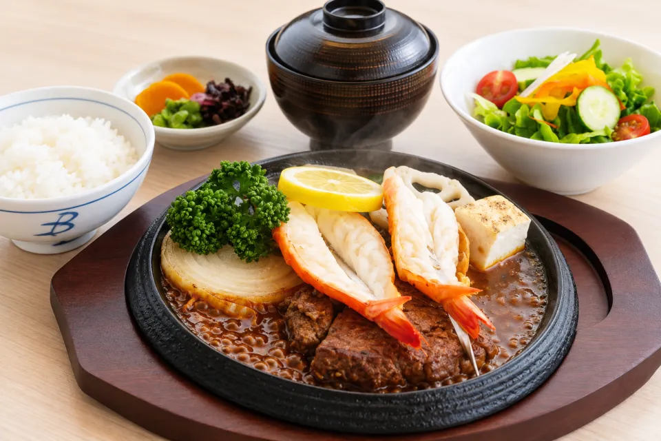 本家かもめ屋の肉と海老の鉄板料理に汁物とサラダを添えたランチ