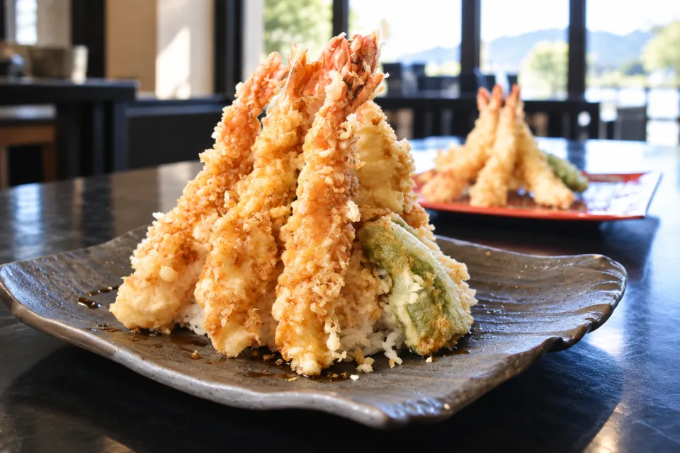 冨士天ぷら いだ天 河口湖本店の海老天を高く盛った天丼