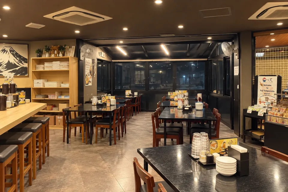 冨士天ぷら いだ天 河口湖本店の黒いテーブルと木製椅子が並ぶ席