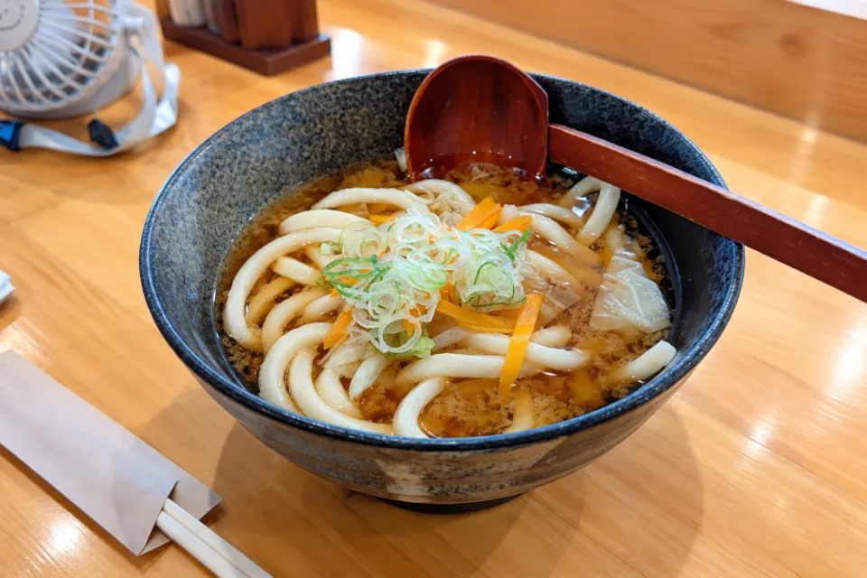 冨士天ぷら いだ天 河口湖本店の太い麺と葱を盛った吉田のうどん