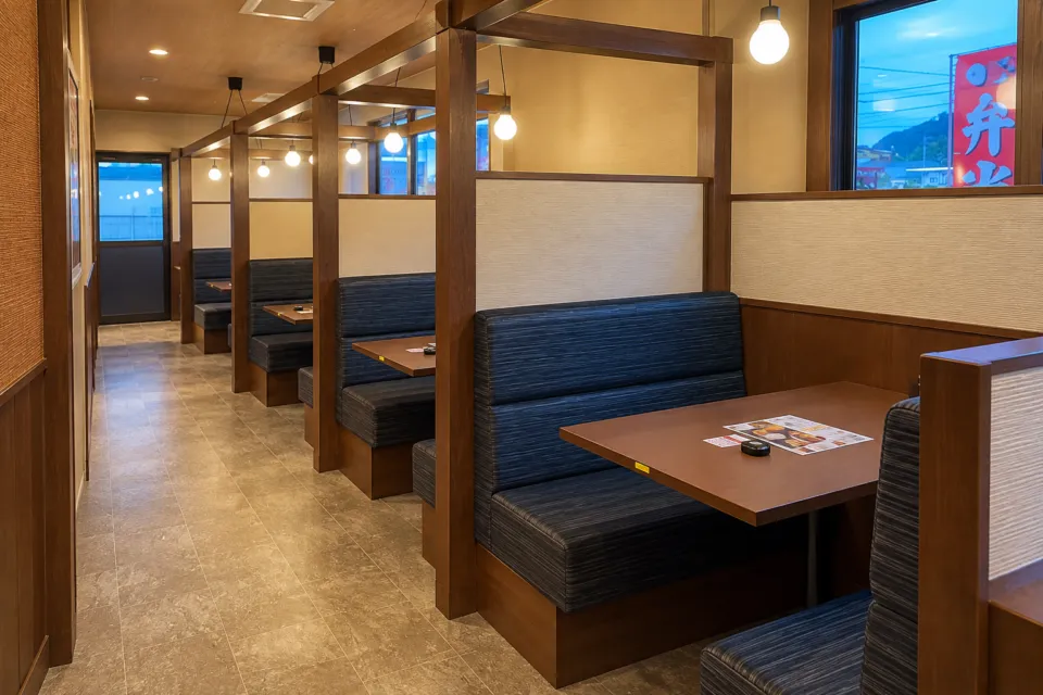 石松餃子 本店の仕切りのあるベンチ席