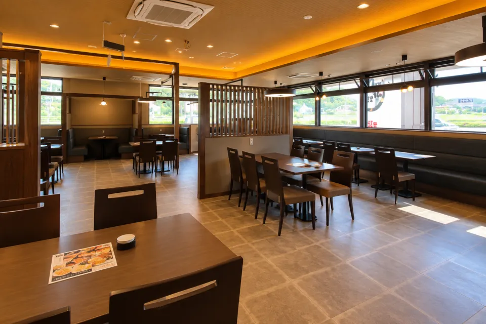 石松餃子 本店のテーブル席が並ぶ店内