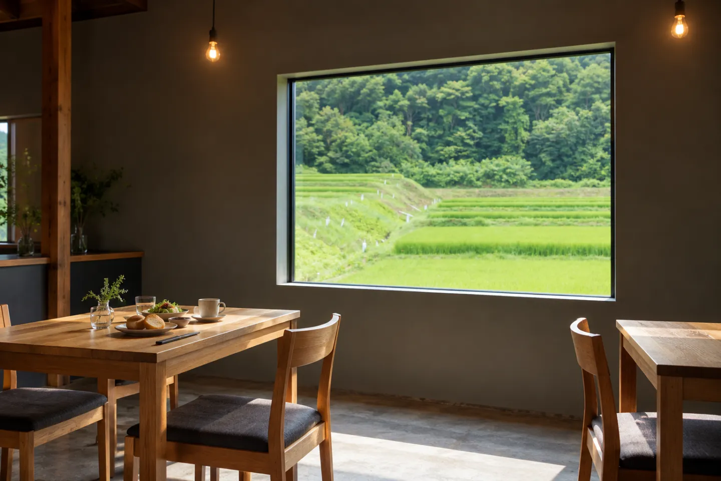 食事と喫茶Jeenyaの大きな窓と田園風景を望む店内